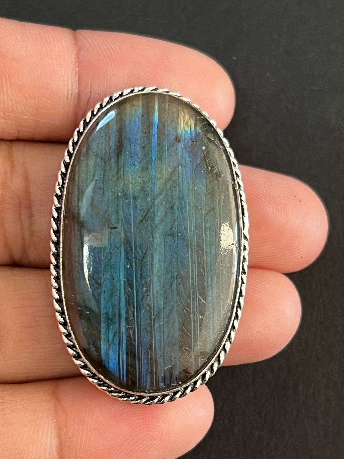 Labradorite sertie argenté n°A1 (4,1cm x 2,6cm) - Solyluna Macramé