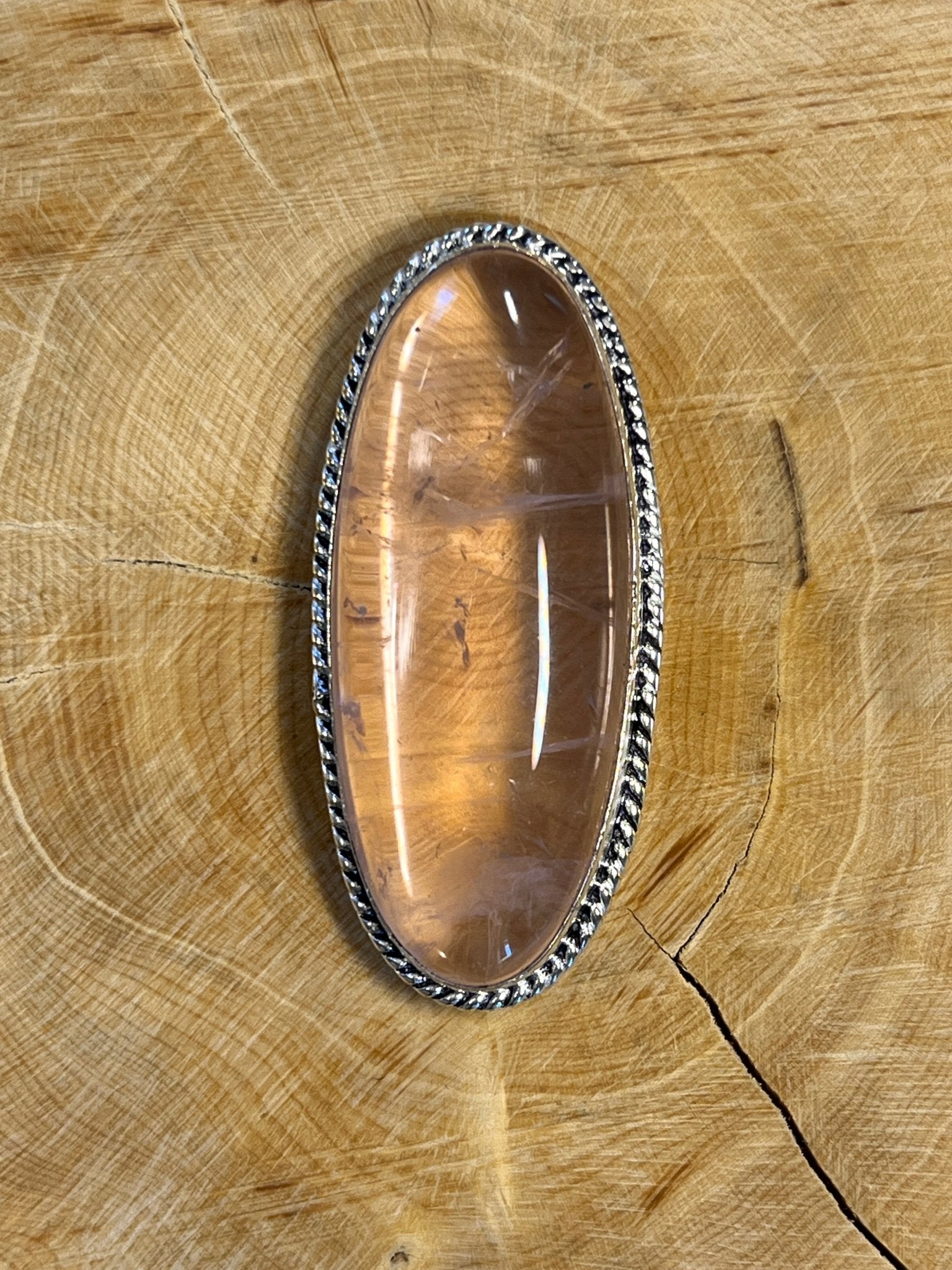 Quartz Rose sertie argenté n°A1 (4,7cm x 2cm) - Solyluna Macramé